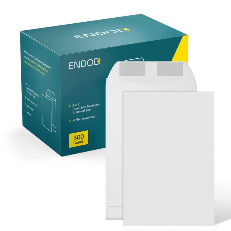EnDoc 6x9 Catalog Envelopes - 500 Pack - Open End Mailing Envelopes Bulk for Catalogs, Presentations, Newsletters - Plain Envelopes 6x9 with Gummed Seal - Bright White 28lb Heavyweight Paper - Image 1